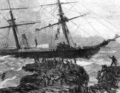 Loss of the British Mail iron steamer Anglo - Saxo n on the rocks off Cape Race ( Frank Leslie's Illustrated Newspaper , May 16, 1863, vol. 16, no. 398, p. 116 )