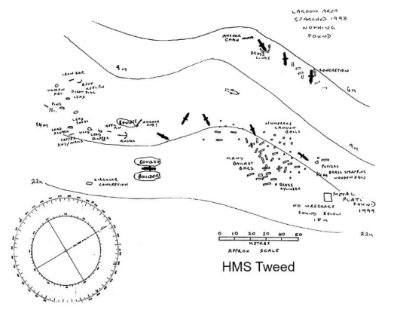 Map of the wreck site of HMS Tweed in Shoal Bay, Newfoundland in 1999 (map: RAF Lyneham Sub-Aqua Club).