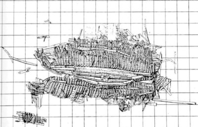 Site map of the Red Bay shipwreck (San Juan?) which is flattened on the seabed (grid: 2 metre squares) (map source : Parks Canada).