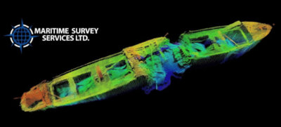 Multibeam sonar image of the wreck of SS Saganaga, showing the torpedo damage (image: Maritime Survey Services Ltd.).
