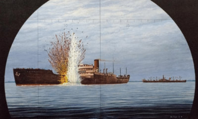 View of a torpedo exploding into SS Saganaga from the periscope of U-513 (painting: Sinking of the Saganaga by Joe Dwyer).